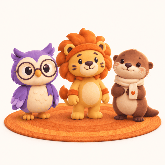 Owl, Lion and Otter sitting together on an orange rug